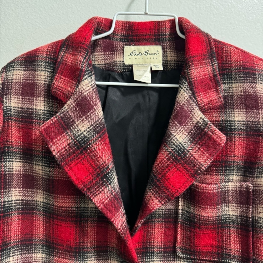 Vintage Eddie Bauer Wool Blend Tartan Red Plaid Blazer Size Large Petit - Picture 3 of 9